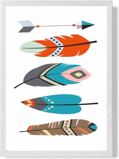 ARTZE Tribal Feathers Framed Print, Bright Blue and Multicolour Ethnic Abstract Design with White Frame, A4
