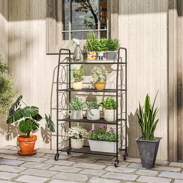 Outsunny 4-Tier Black Metal Plant Stand with Lockable Wheels