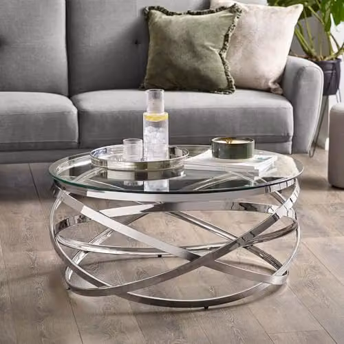 Julian Bowen Vienna Round Glass Top Coffee Table with Silver Spiral Frame, W: 88 cm, D: 42 cm, H: 42 cm – 2