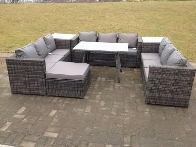 Fimous 10 Seater U Shape Rattan Sofa Set with Outdoor Dining Table in Dark Grey Mixed