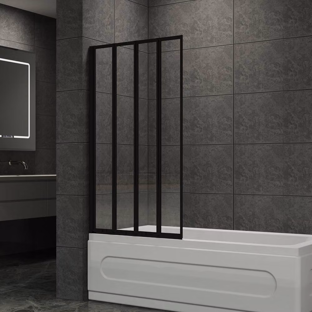 Living and Home 4 Panel Folding Glass Bath Shower Screen in Black with Clear Glass – 2