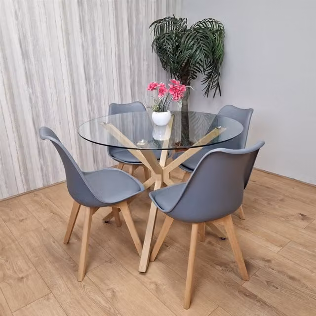 Kosy Koala Round Glass Dining Table Set with 4 Grey Plastic Chairs in Brown
