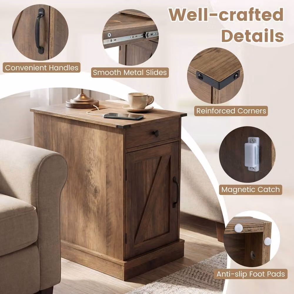 Gymax Brown Farmhouse End Table with Charging Station and Cabinet – 3