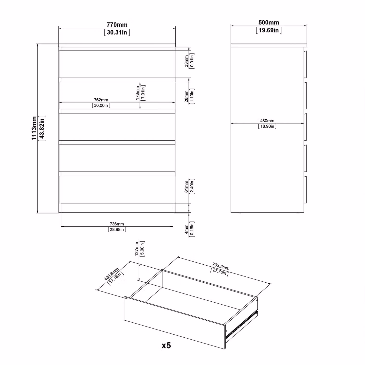 Furniture To Go Naia Minimalist Wood Chest of 5 Drawers in Brown