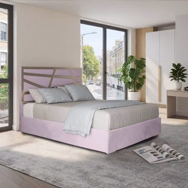 KDMD Frilford Pink Velvet Upholstered Designer Bed Frame with Metal Details, Size: 180 x 200 cm – 1