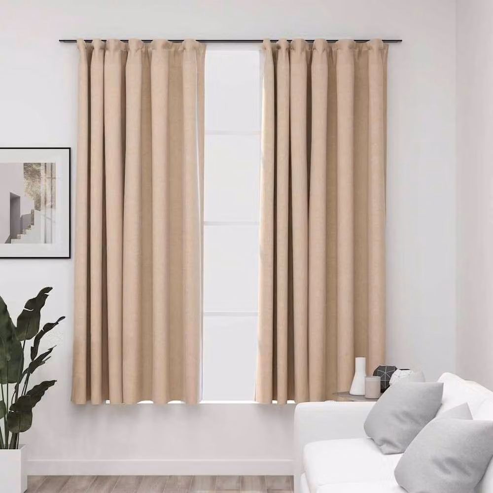 Berkfield Home Linen-Look Blackout Curtains with Hooks, 2 Pack, Beige, W: 140 cm, H: 175 cm