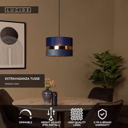 Lucide Extravaganza Tusse Retro Pendant Light in Blue and Gold/Brass, Diameter: 30 cm – 2