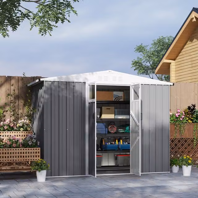 Outsunny Galvanised Steel Tool Storage Shed with Double Doors and Window, Light Grey, W: 243.84 cm, D: 121.92 cm, H: 185.92 cm