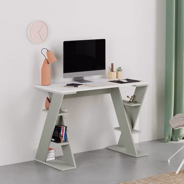 Decortie Papillon Modern White Writing Desk with Integrated Mini Storage Shelves – 1