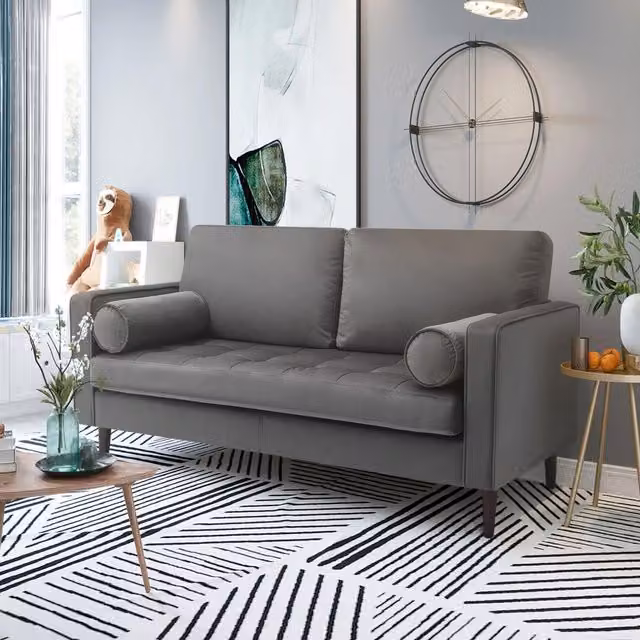 Livingandhome Two-Seat Modern Velvet Upholstered Sofa in Grey with Scatter Cushions