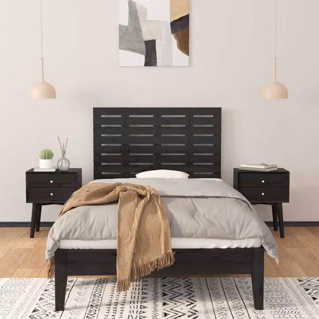 Berkfield Home Black Solid Wood Pine Wall Headboard W: 106 cm, D: 3 cm, H: 63 cm
