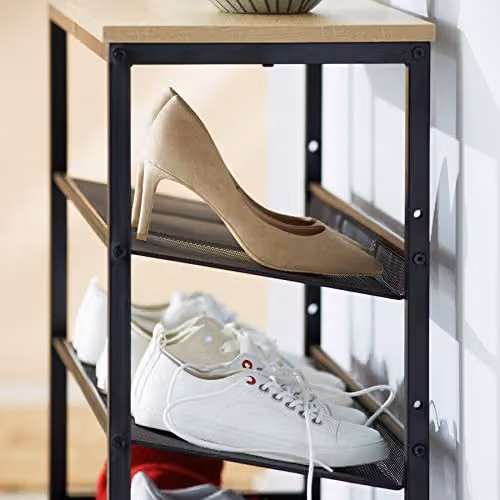 tectake 4-Tier Shoe Rack with Adjustable Shelves and Black Metal Frame in Brown and Black, W/D/H: 75.5 x 30.5 x 69.5 cm – 3