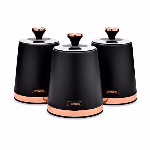 Tower Cavaletto Set of 3 Airtight Stainless Steel Storage Canisters for Coffee, Tea and Sugar in Black and Gold