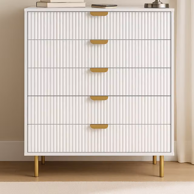 Home Treats Modern White and Gold Ridged Bedroom Furniture Set including Wardrobe, Chest of 5 Drawers and Bedside Table