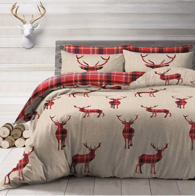 Velosso Stag Reversible Cotton Rich Printed Duvet Cover and Pillowcase Set in Beige, W/D/H: 135 x 200 cm and 50 x 75 cm
