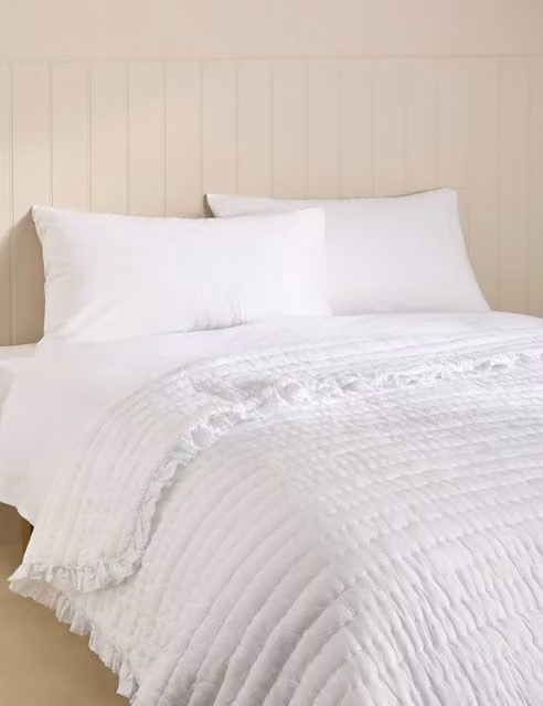 M&S White Quilted Cotton Bedspread with Ruffle Valance