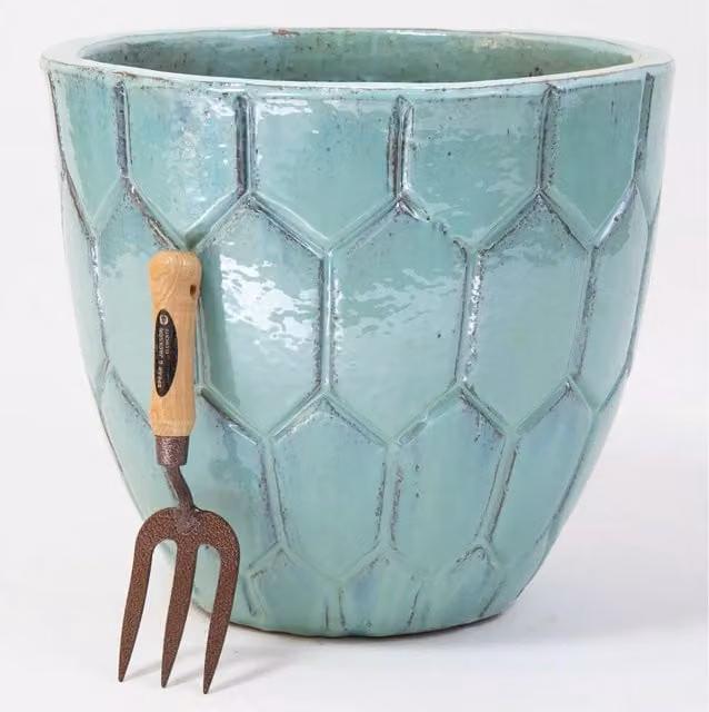 Primrose Ceramic Geometric Round Tub Planter in Blue and Turquoise