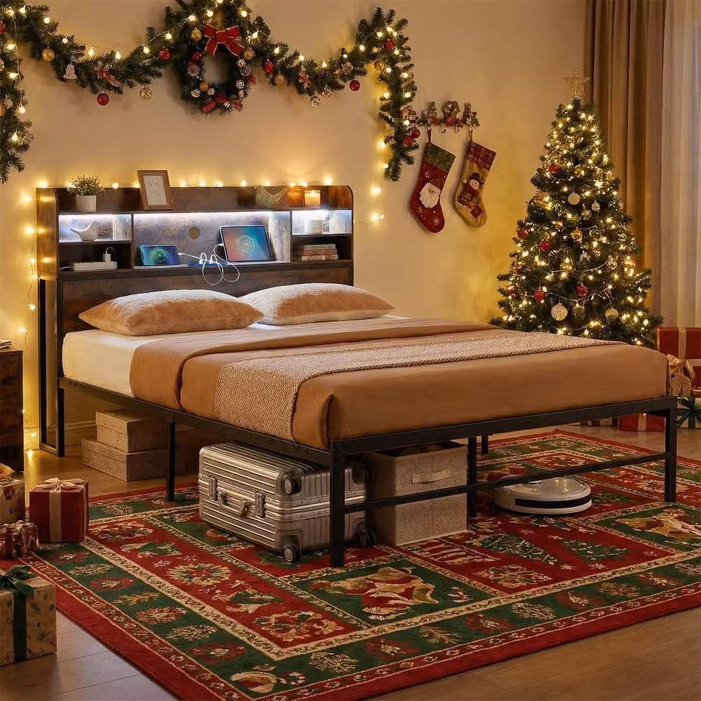 Costway Double Size Metal Bed Frame in Brown with LED Lights, USB Charging Port and Side Compartments, W/D/H: 140 x 200 cm – 4