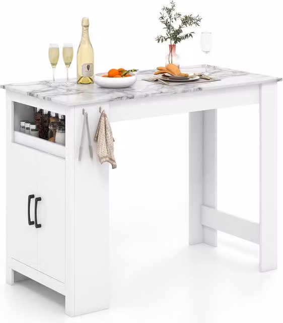 Costway Faux Marble Bar Table with Hooks and Cabinet in White – 1