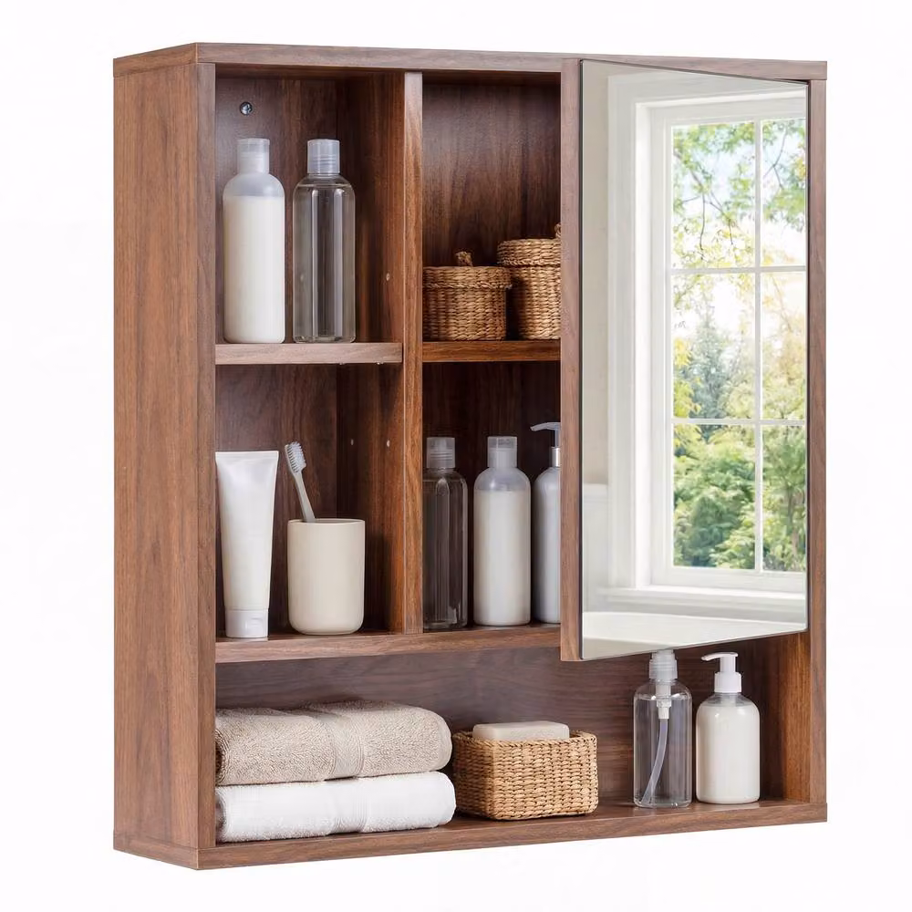Gymax Brown Wall Mounted Medicine Cabinet with Mirror and Internal Shelves – 7