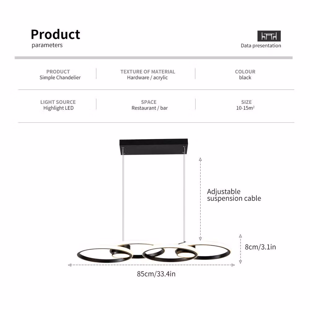 NIVOR LED Pendant Light with 4 Dimmable Rings, Remote Controlled and Adjustable, Black – 2