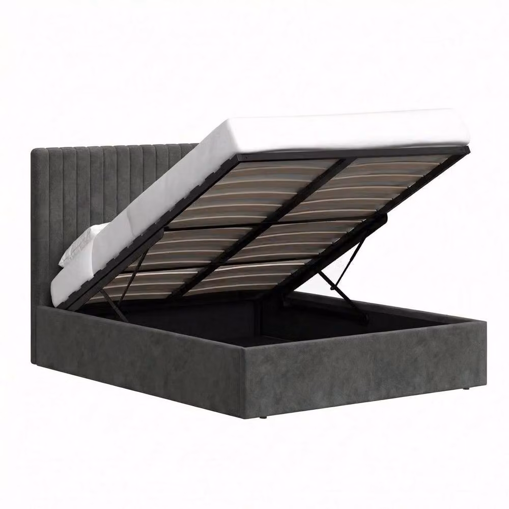 FWStyle Sollom Double Ottoman Lift Up Ribbed Bed Frame in Grey with Nickel Underbed Storage, W/D/H: 112.5 x 154 x 209 cm – 3