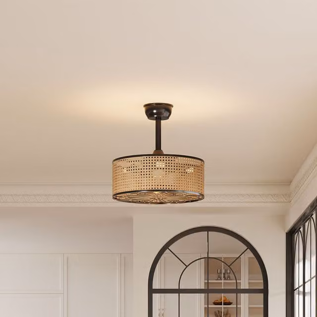 Livingandhome Cylindrical Rattan Ceiling Fan Light with Remote and App Control, Light Brown