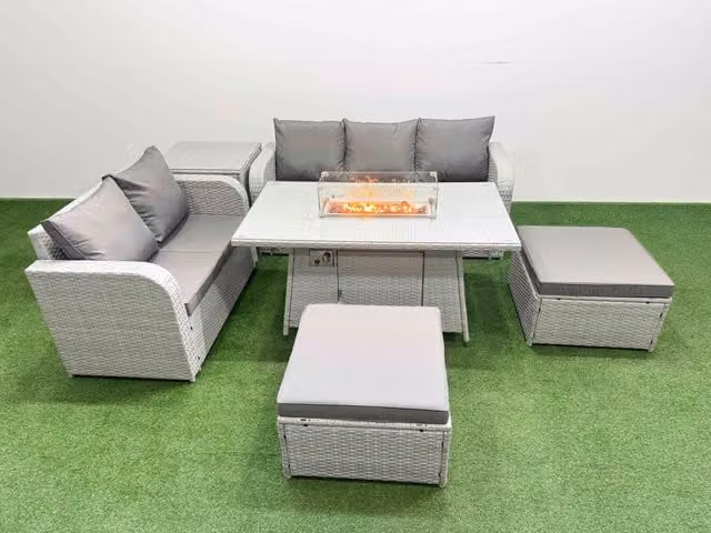 Fimous 7 Seater Grey PE Rattan Wicker Garden Furniture Set with Firepit Dining Table, 3 Seater Sofa, Love Seat and 2 Footstools