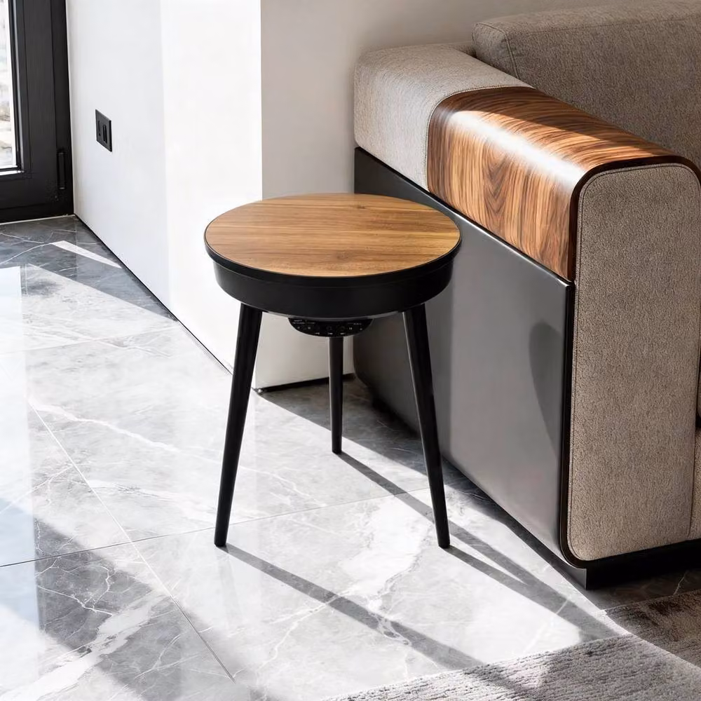 KORVIXA Walnut and Black Portable Smart Side Table in Brown, W/D/H: 100 x 100 x 57 cm – 3