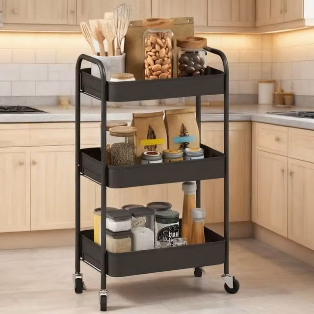 ERGOVEXA Three-Tier Matt Black Metal Storage Trolley with Castors, H 79.0 x W 45.0 x D 30.6 cm – 1
