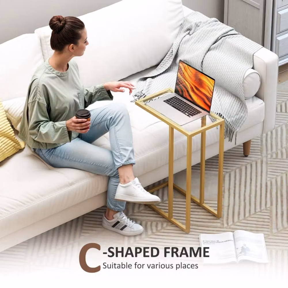 STILVORA C-Shaped Side Table with Glass Top and Gold Steel Frame – 3