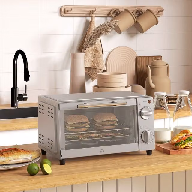HOMCOM 9L Mini Countertop Electric Grill and Oven with Timer Control, 750W, Silver – 1