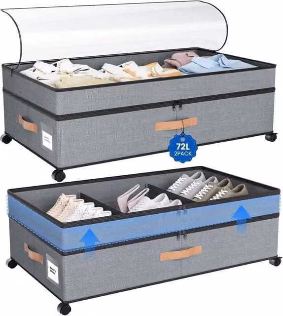 Kelvenix Set of 2 Fabric Underbed Storage Boxes on Wheels in Grey