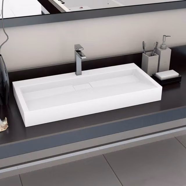 Berkfield Home White Mineral Cast Rectangular Wall Hung Wash Basin W: 100 cm, D: 46 cm, H: 11 cm