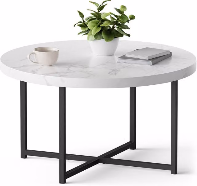 VonHaus Modern Round Coffee Table for Living Room in White and Black with MDF, Metal and Plastic Construction, Diameter: 80 cm, Height: 80 cm