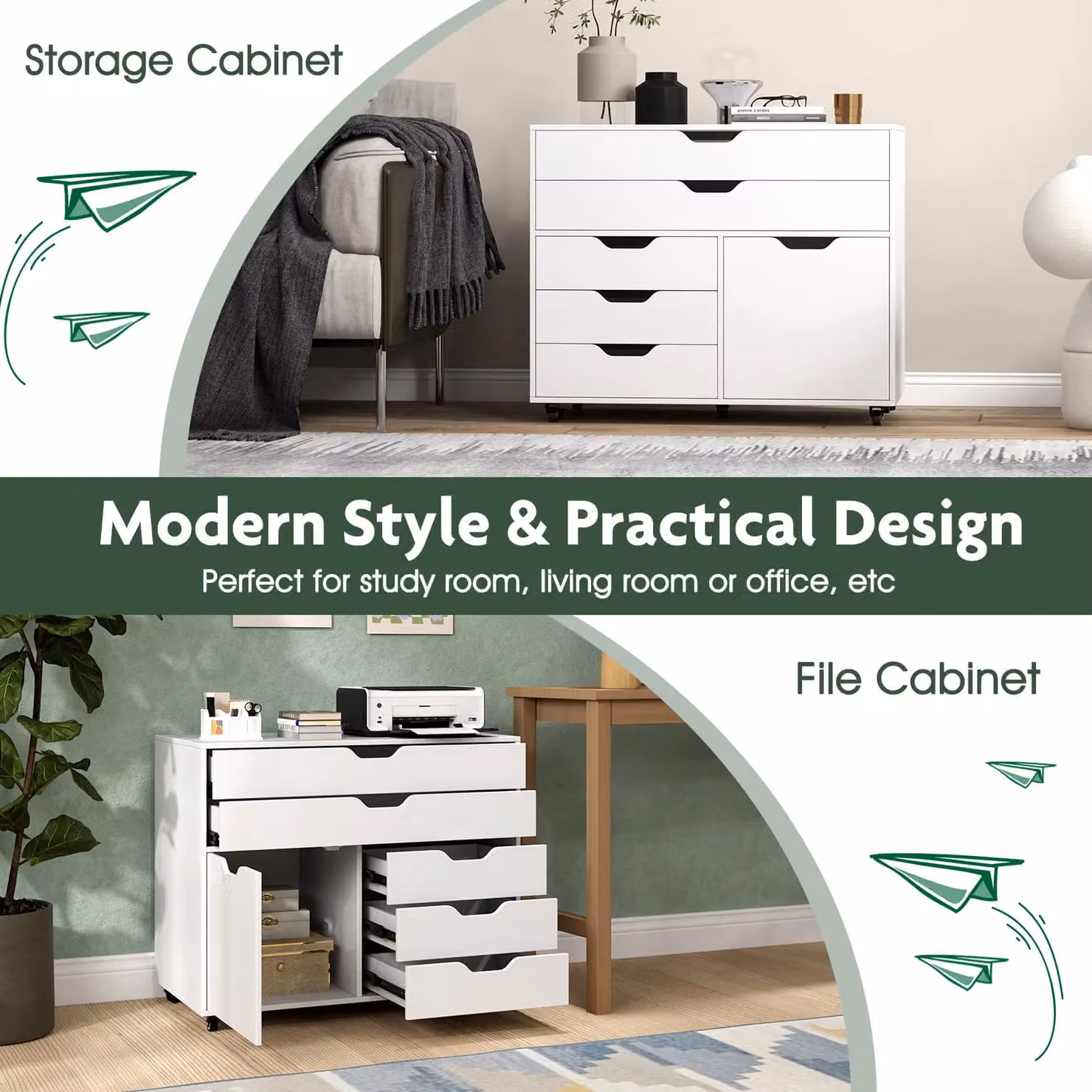 Costway Mobile 5-Drawer Chest with Door and Casters in White – 3