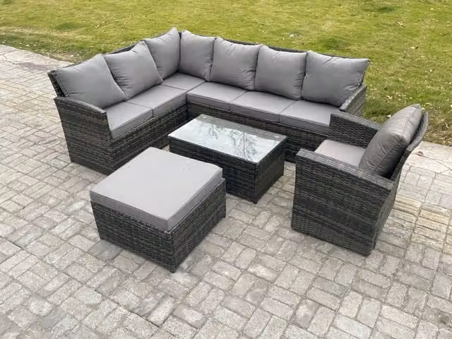 Fimous 8 Seater Rattan Lounge Corner Sofa Set in Dark Grey with Coffee Table, Armchairs and Ottoman