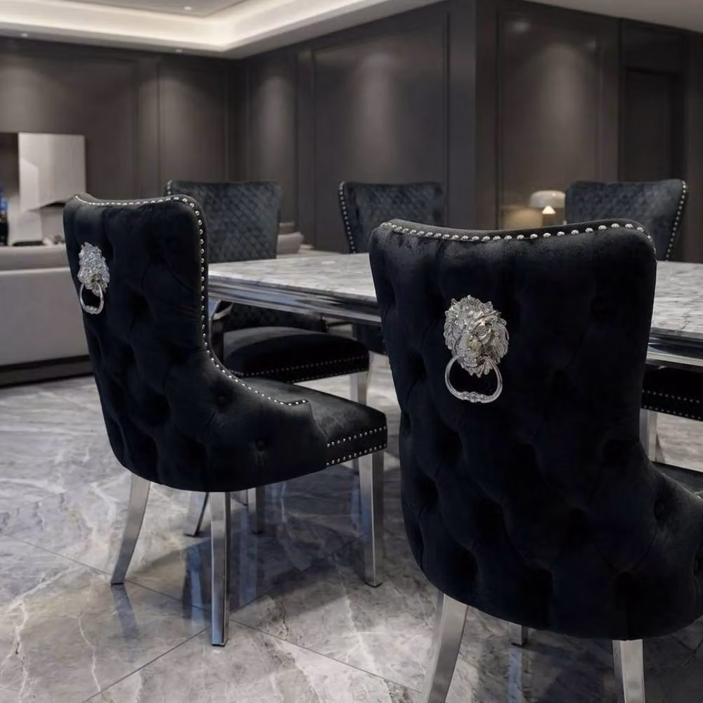 Home Luxe Interior Sofia Grey Marble Dining Table and 4 Victoria Black Lion Silver Chairs – 6