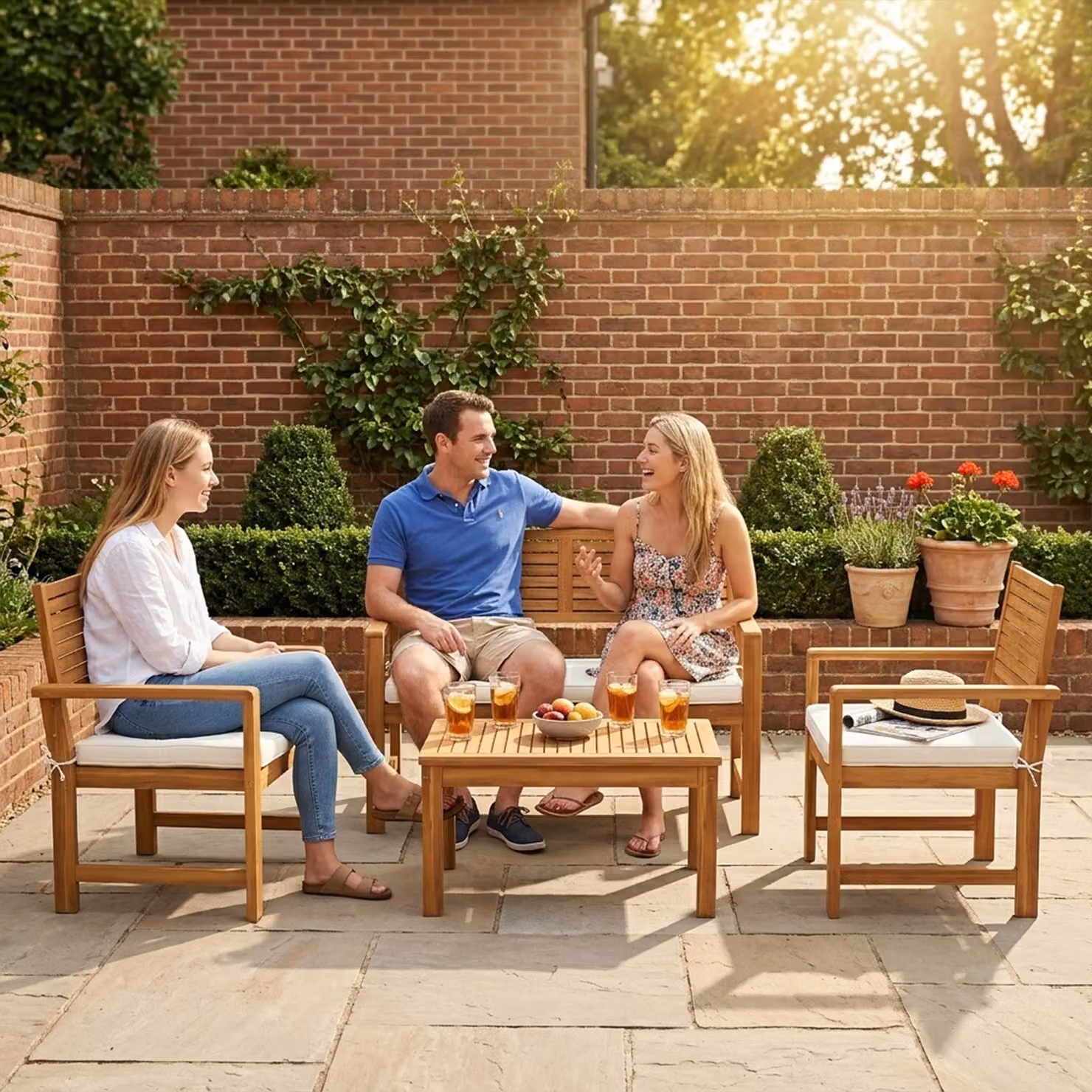 Outsunny 4 Seater Acacia Wood Garden Furniture Set with Loveseat, Armchairs and Table in Cream White and Brown – 7