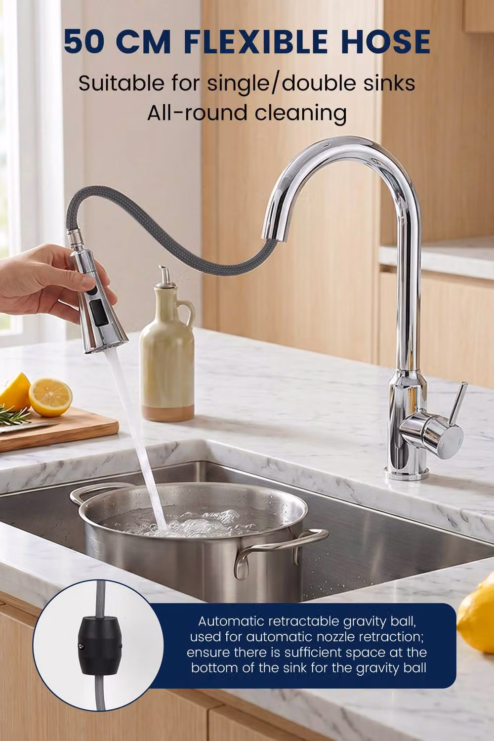 JANLEMNY Chrome Pull Out Kitchen Mixer Tap with Single Lever and Spray Function in Metallic Silver – 4
