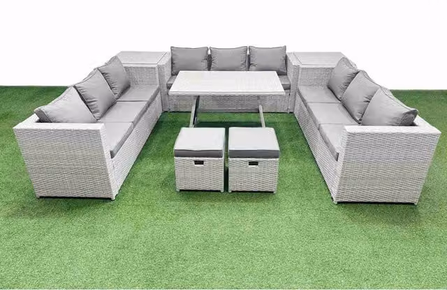 Fimous 11 Seat Light Grey PE Rattan Garden Furniture Set with Cushions and Glass Table