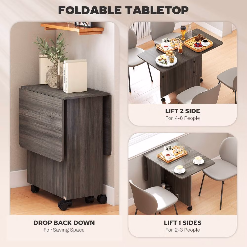 STILVORA Modern Grey Drop Leaf Rectangular Dining Table with Castors W/D/H: 120 x 76.5 x 6.0 cm – 6