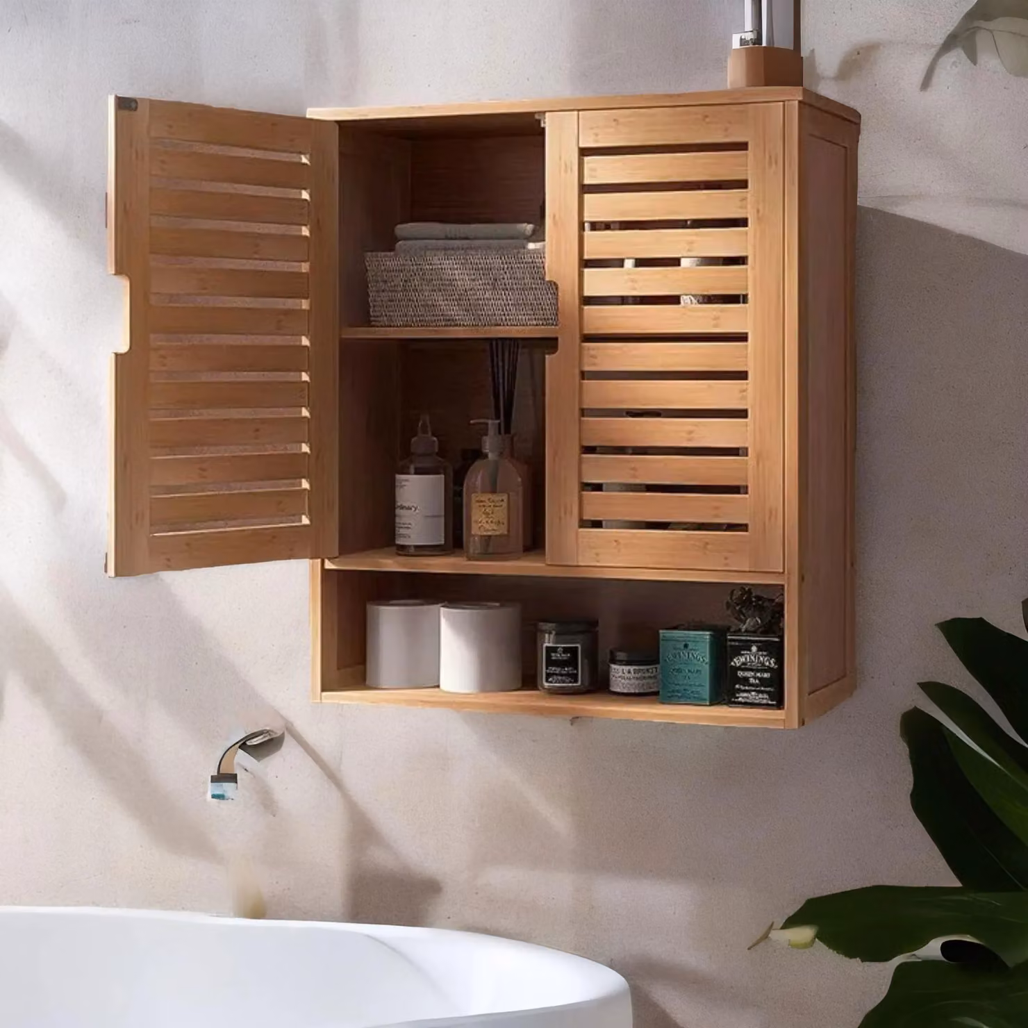 FURNOS Bamboo Wall Mounted Bathroom and Kitchen Storage Cabinet Organiser in Natural Brown – 2