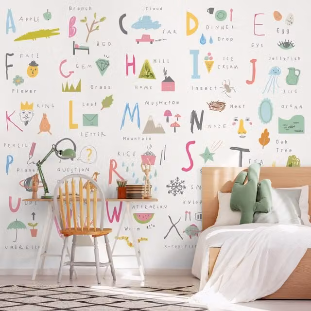 Origin Murals Childrens Alphabet Illustrations Scandinavian Wall Mural in Pink and Multicolour