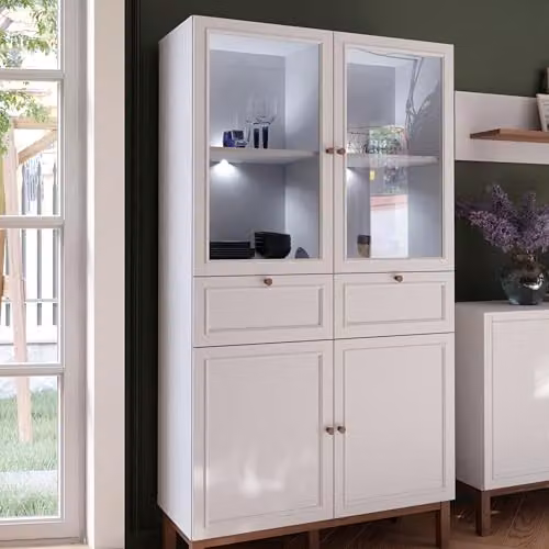 Furniture To Go Wensley Modern Display Cabinet with Glass Doors, 2 Drawers and Integrated LED Lighting in Grey and White – 2