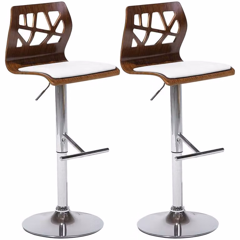 Wyld and Coco 2-Piece Modern Bar Stool Set in Brown and White Faux Leather with 360 Degree Swivel and Gas Lift