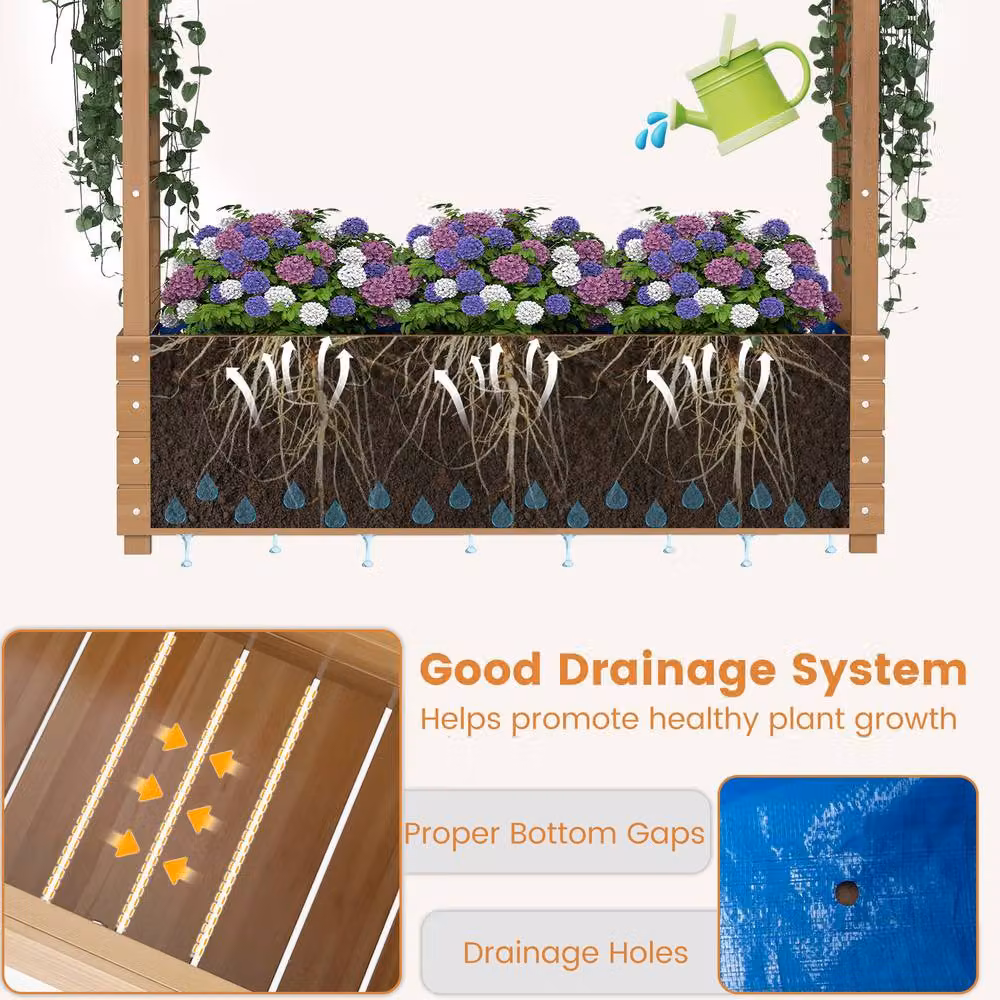 Gymax Solid Wood Raised Garden Bed with Trellis and Hanging Roof, Brown, W/D/H: 124 x 36 x 99 cm – 7