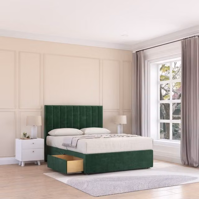 Sloomy Kansas Small Double Divan Bed Base with 2 Drawers and 26 inch Struts Headboard in Emerald Green Velvet
