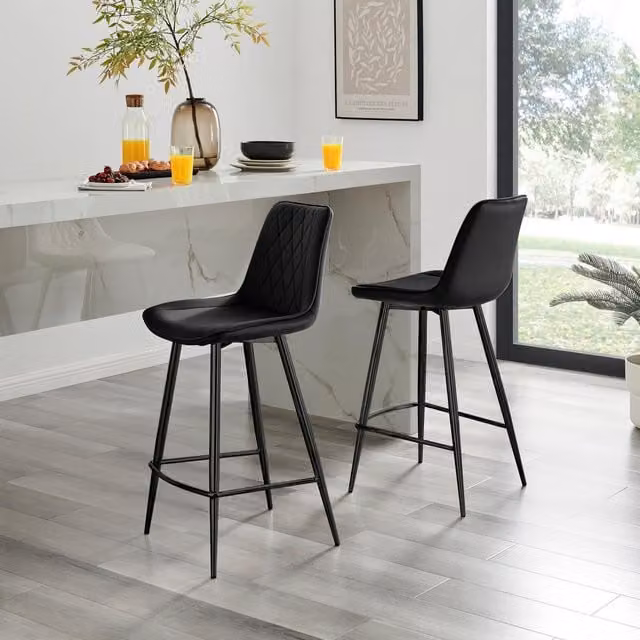 FurnitureboxUK Pesaro Set of 2 Modern Velvet Counter Stools in Black with Metal Legs – 1