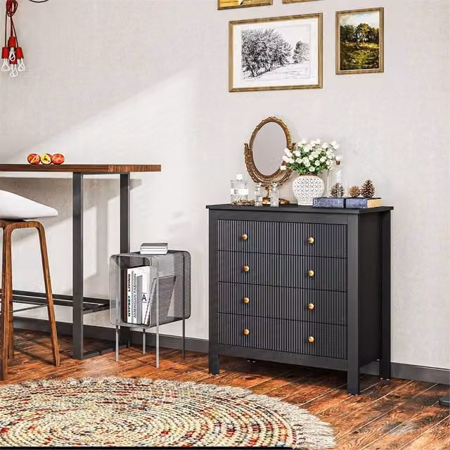 EONLION Modern 5 Drawer Black Bedroom Chest of Drawers with Gold Accents, Width: 100 cm
